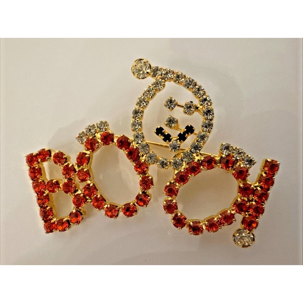 Boo With Ghost Halloween Pin Orange Black & Clear Rhinestones 2.25" Gold Metal